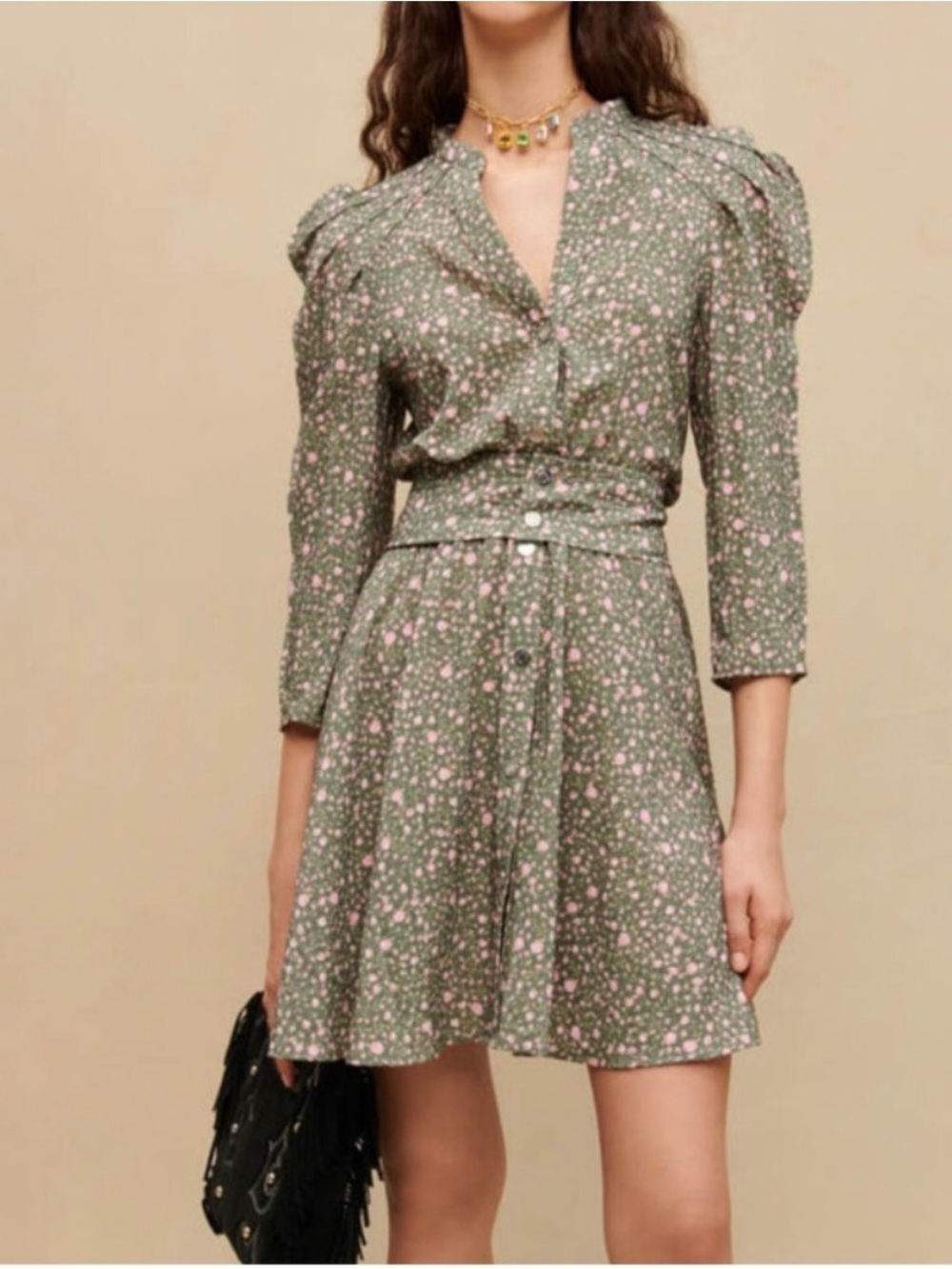 Women's Green Floral Button-Front Dress with Puff Shoulders